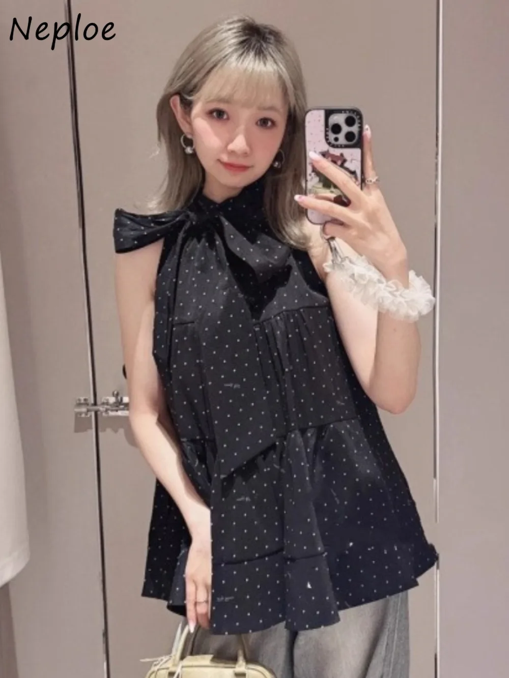 

Neploe Soft Ruched Casual O Neck Shirt Pullover All-match Chiffon Bow Sweet Blouses Japan Peter Pan Lace Up Fairy Loose Blusas