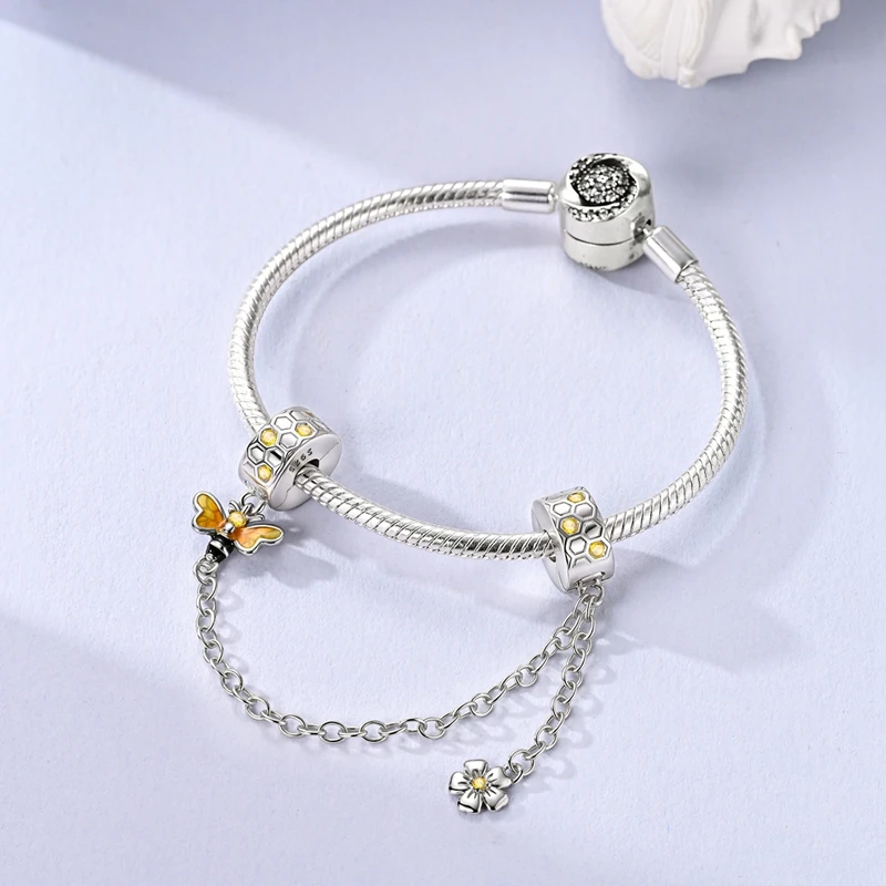 925 sterling silver bee honeycomb fixed clip safety chain beads compatible with original necklace bracelet DIY gift for ladies view 4