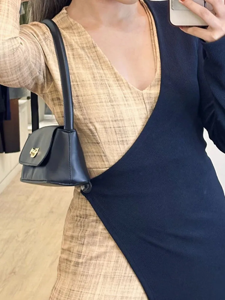 

Fashion Design Style Patchwork Jumpsuits Leisure Long Sleeve V-neck Wide Leg Rompers Lady High Waist Commute Playsuits Overalls