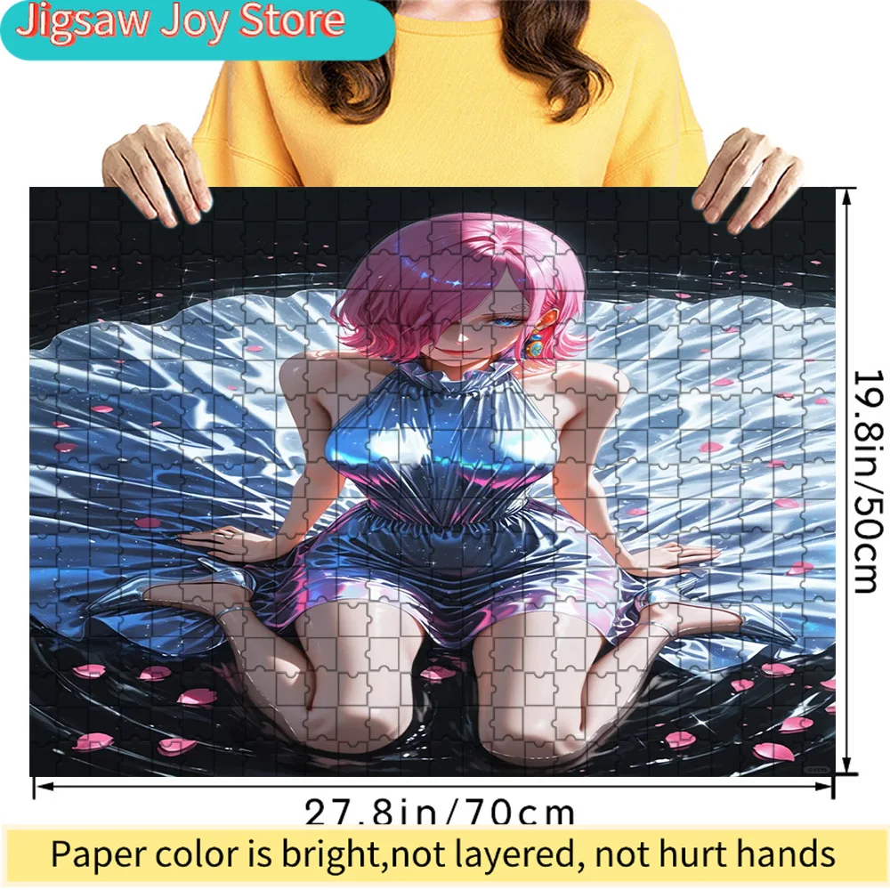 

Пазл из бумаги с изображением персонажа One Piece Винсмоук Рейджу: розовые короткие волосы, платье «Галактика», сцена с водными лепестками, декор с принцессой Гермой