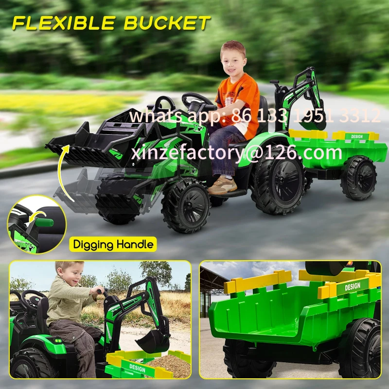 

Customizable 3 in 1 Ride on Tractor, Excavator & Bulldozer, 24V Electric Vehicle w/Trailer, Shovel Bucket, Digger