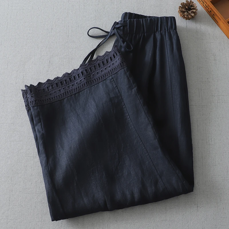 Ele dunne katoenen linnen elastische taille casual broek dames bloemenkant losse rechte pijpen wijde pijpen broek negen punten broek