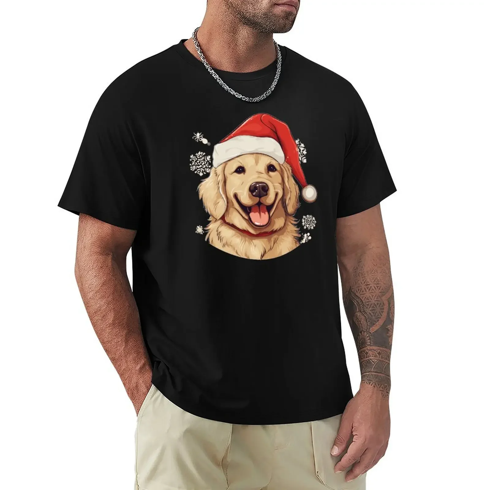 Happy Golden Retriever with a Santa hat T-shirt plain Blouse korean fashion mens clothing