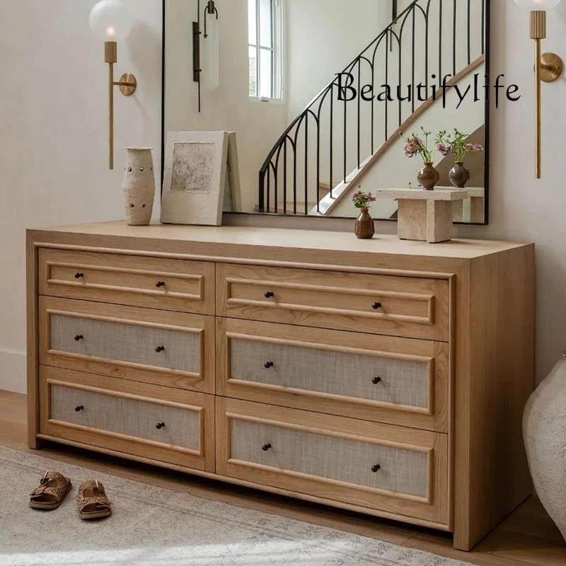 French solid wood bedroom, bedside TV cabinet, American retro contrasting color storage cabinet, against the wall storage