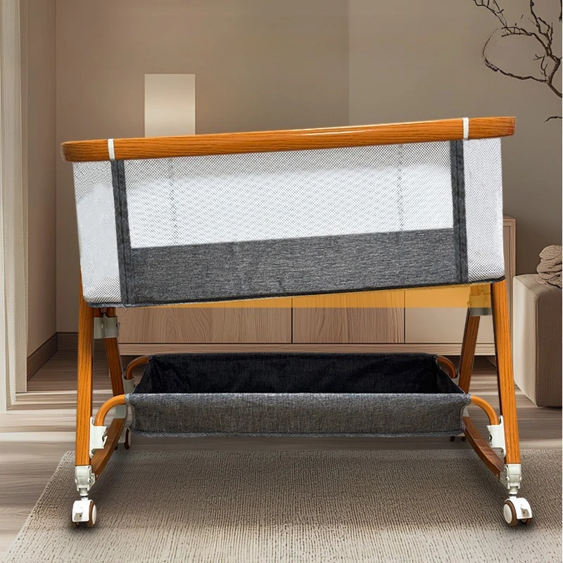 Baby Crib Movable Cradle Bed  Portable 2-in-1 Foldable Multifunctional BB Kids Newborn Splicing Large Bed Toddler Bed Bedroom