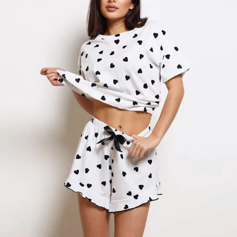 Women's Pajamas, Summer Heart Print Home Wear Suit, Short Sleeves and Shorts, 2025