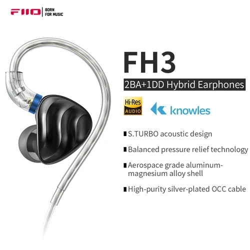 FiiO FH3 2BA + 1DD Knowles controlador híbrido dinámico chapado en berilio auricular intrauditivo IEM S.TURBO diseño acústico carcasa de aleación MMCX