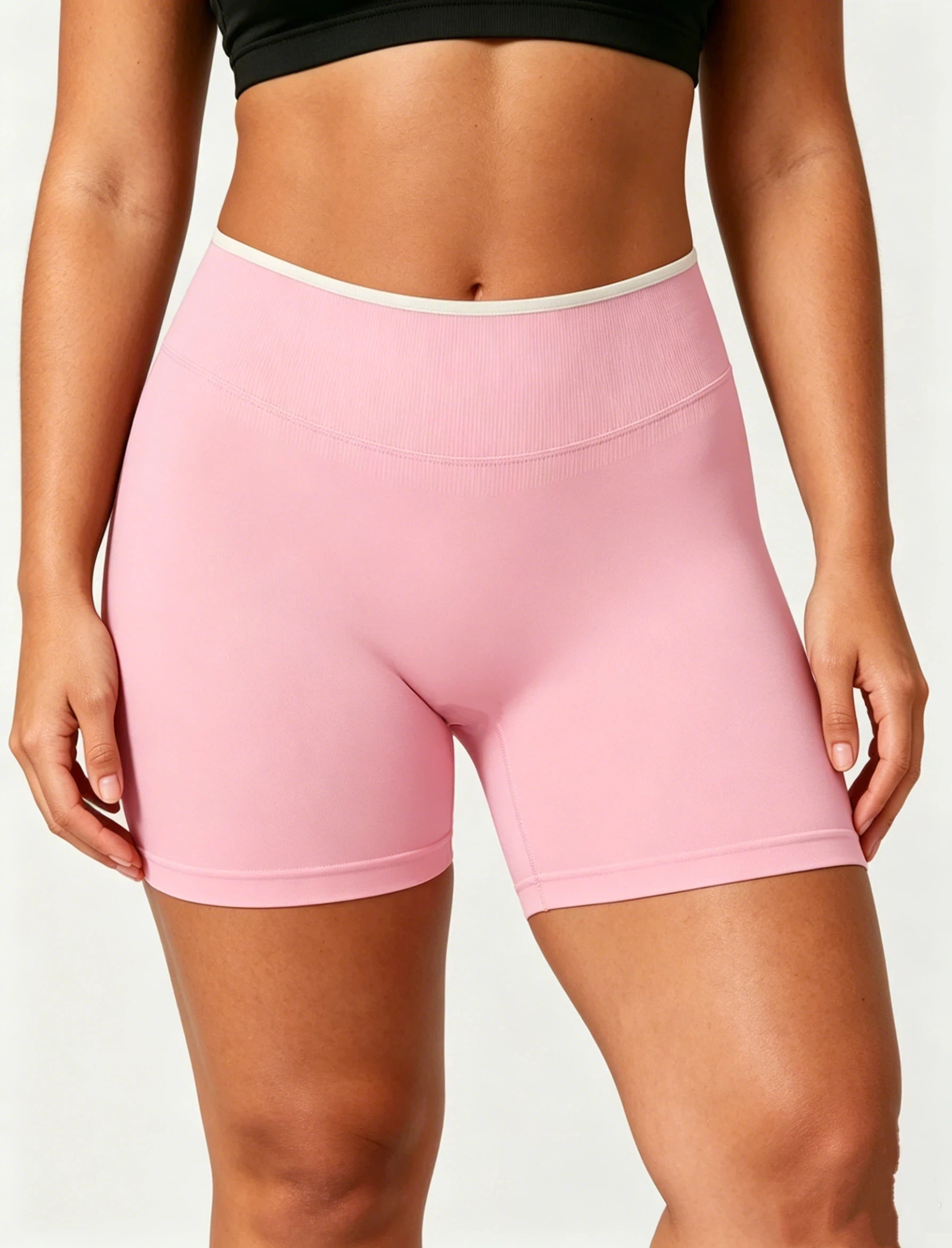 Women High Waist Seamless Biker Shorts Pink Ribbed Waistband Gym Yoga Shorts Elastic Workout Fitness Running Sports Shorts