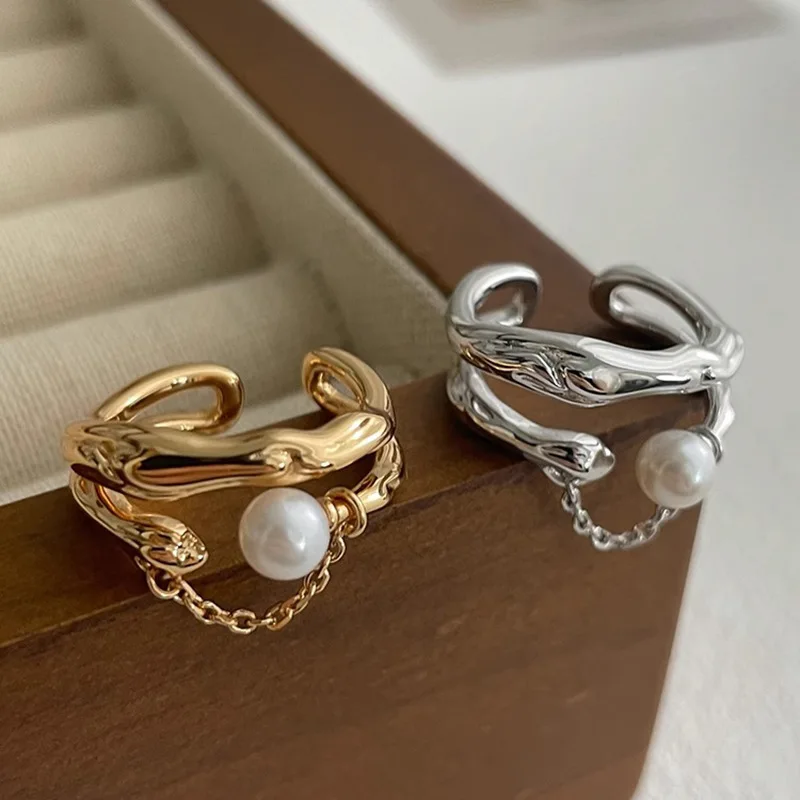 

Vintage Irregular Imitation Pearl Tassel Open Mouth Ring for Women Fashion Accessories Minimalism Charm Jewerly Birthday Gift