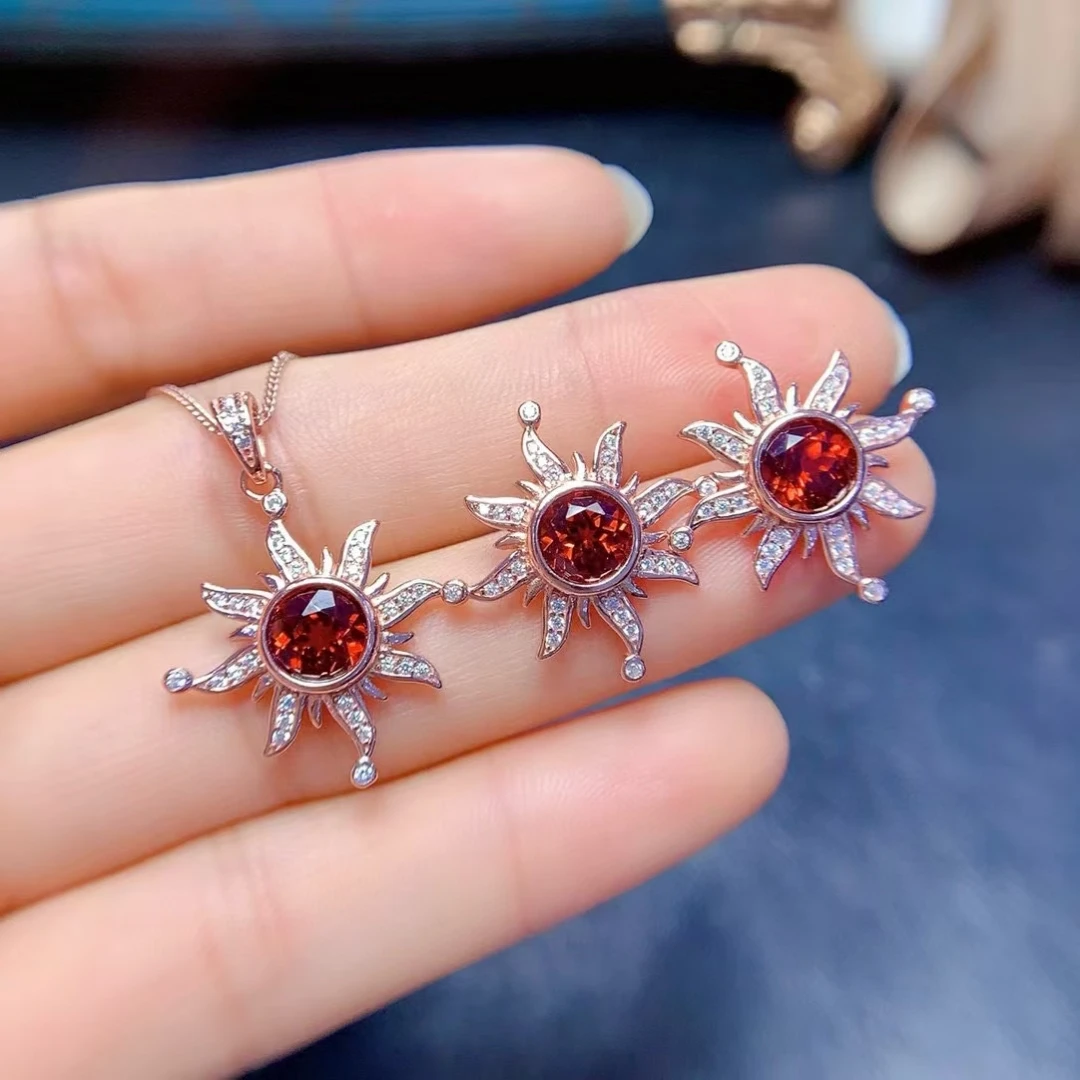 2025 Newest Fine Jewelry Set Natural Garnet Ring Necklace Round Gemstone Real 925 Silver Good Gift Birthstone