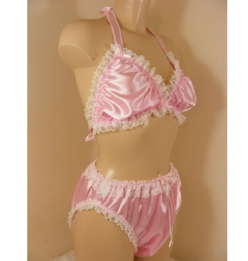 Sissy Silky Pink Satin Bra e Calcinha Conjunto, Top Roupa Interior, Lingerie Masculina, Calcinhas