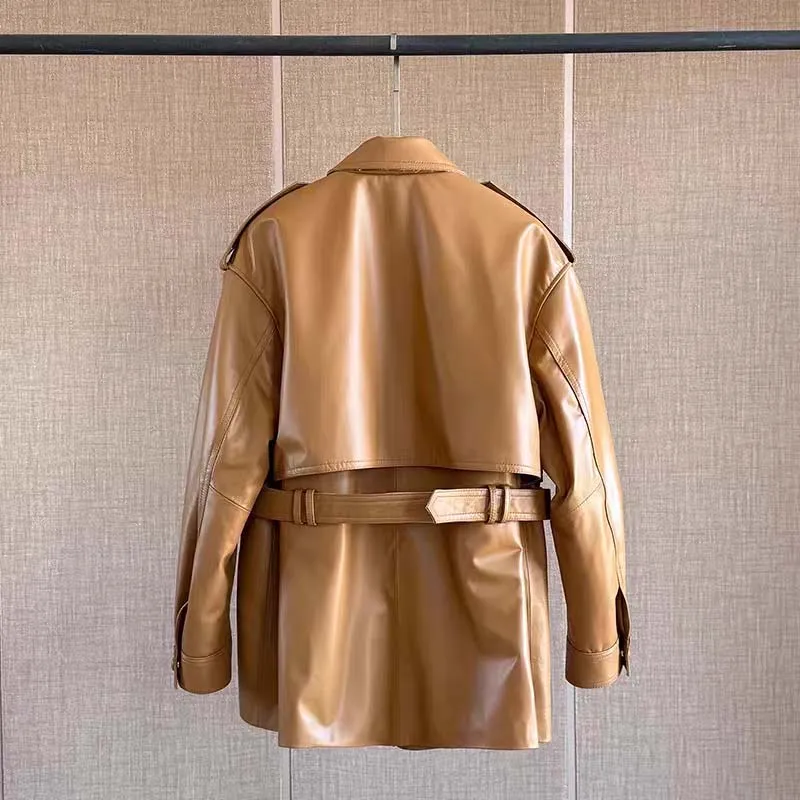 Women coat spring Sheepskin suit jacket two big pockets new fashion genuine leather clothes with belt regular length