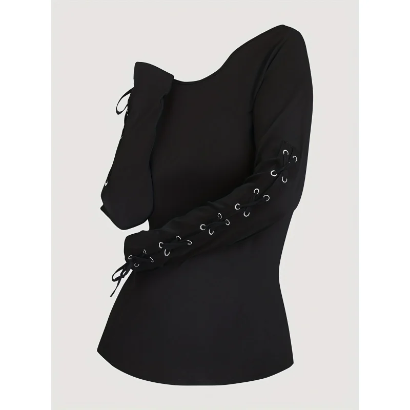 

Women's Spring/Autumn Solid Color Round Neck Long Sleeve Tie-Waist Casual Cute Fun-Shirt