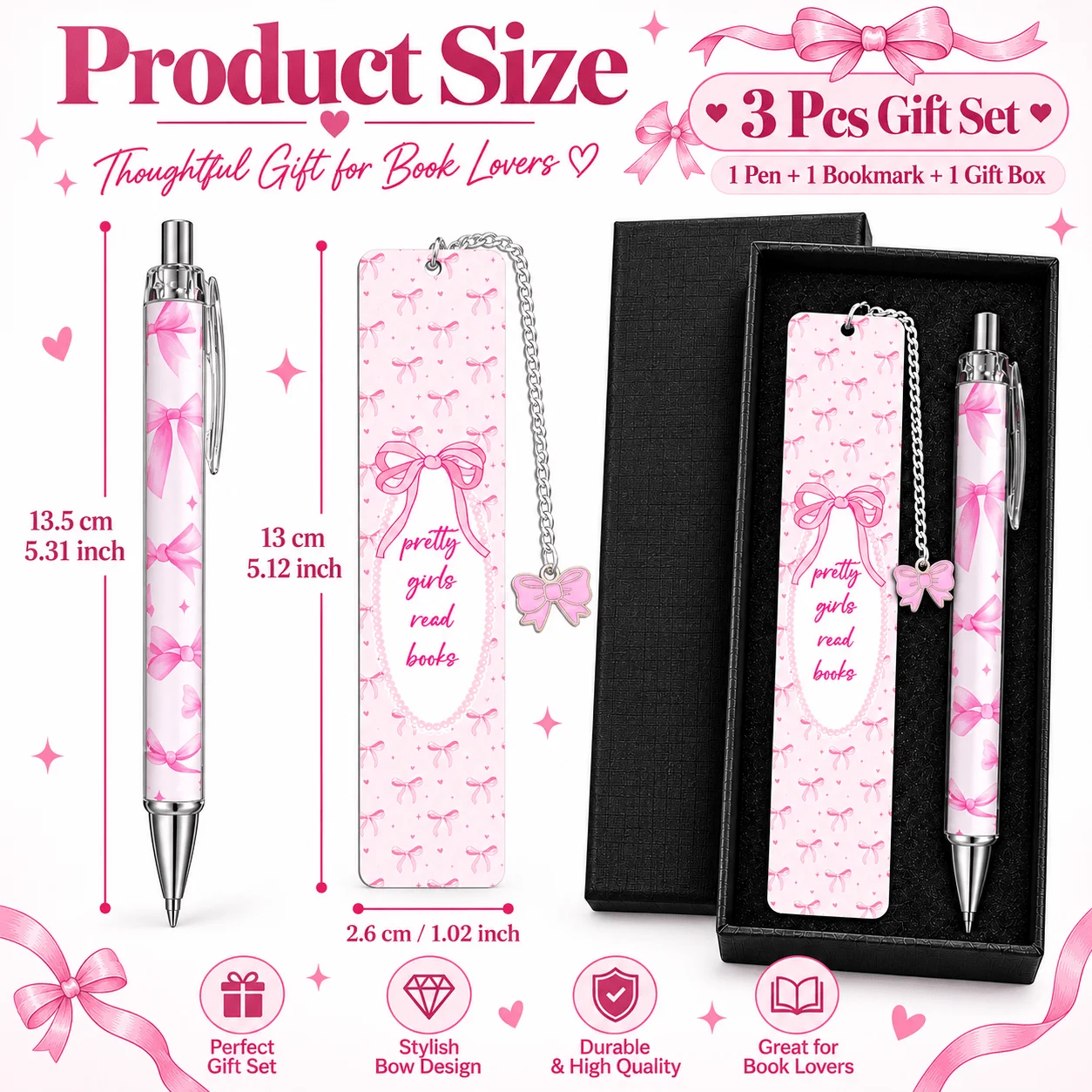 3 Pcs Pink Bow Gift Set For Women Girl Including Metal Bookmark With Bow Charm Ballpoint Pen Gift Box Cute Playful Reading Gift