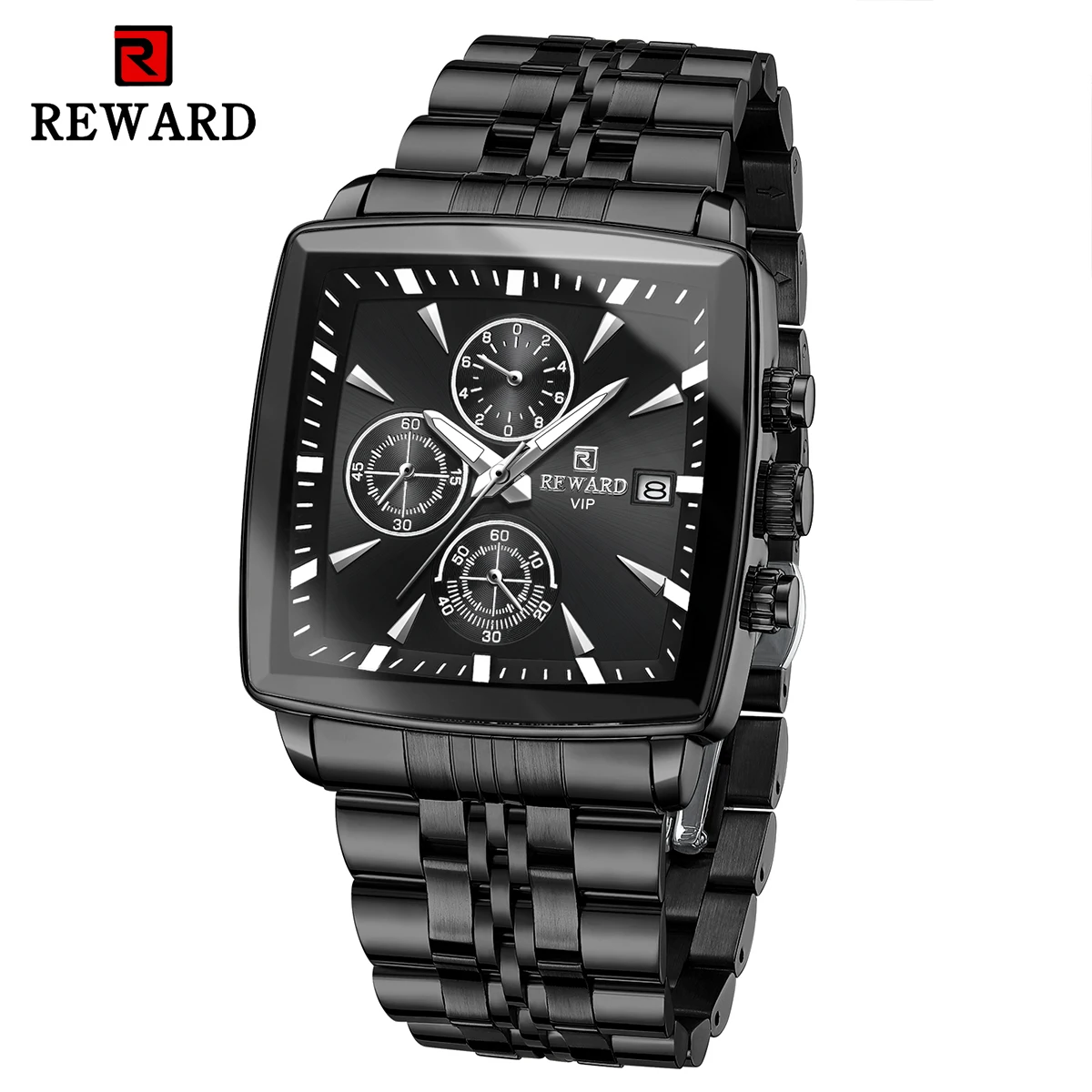 REWARD Black Rectangle Men\'s Watches Quartz Wristwatches Luxury Business Watch Clock Luminous Hands Waterproof Clock Man