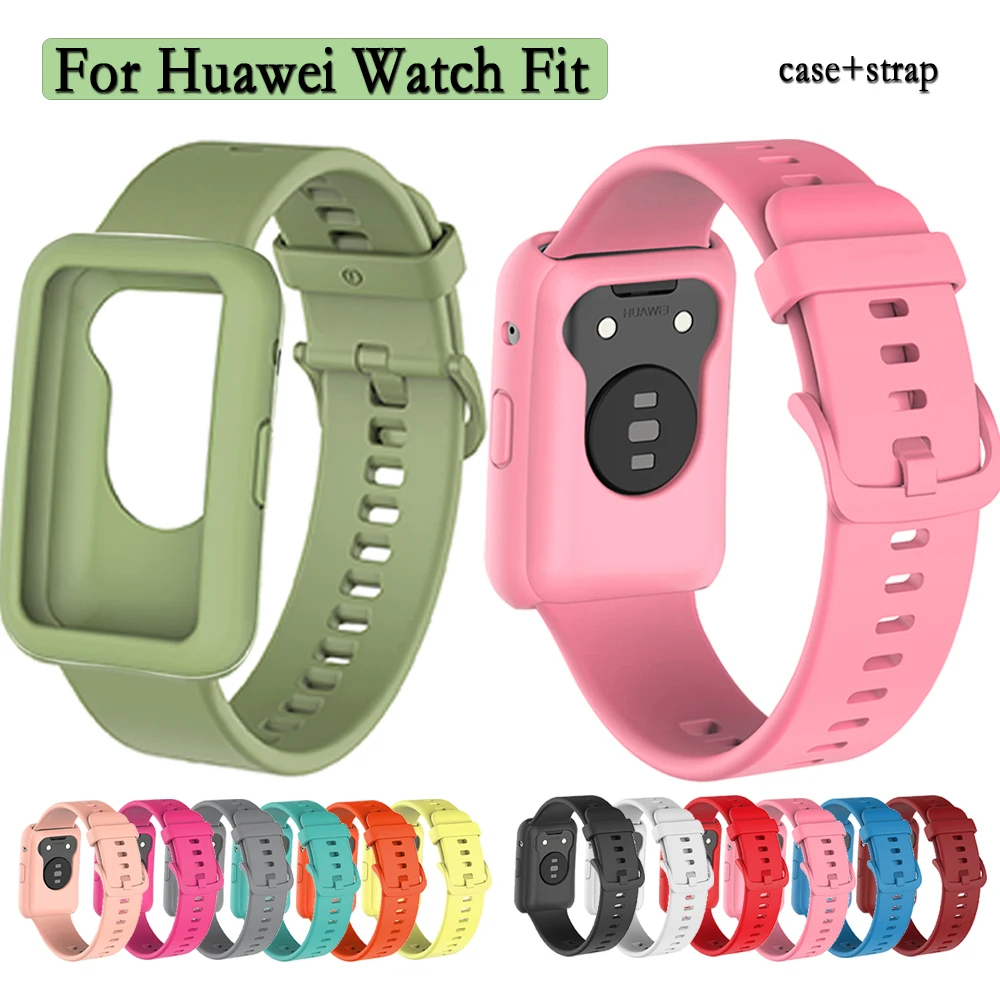 

For Huawei Watch Fit 1 Strap 2-in-1 WatchBand +Case Single Color Soft Silicone Set Wristband Replacement Watch Accessories