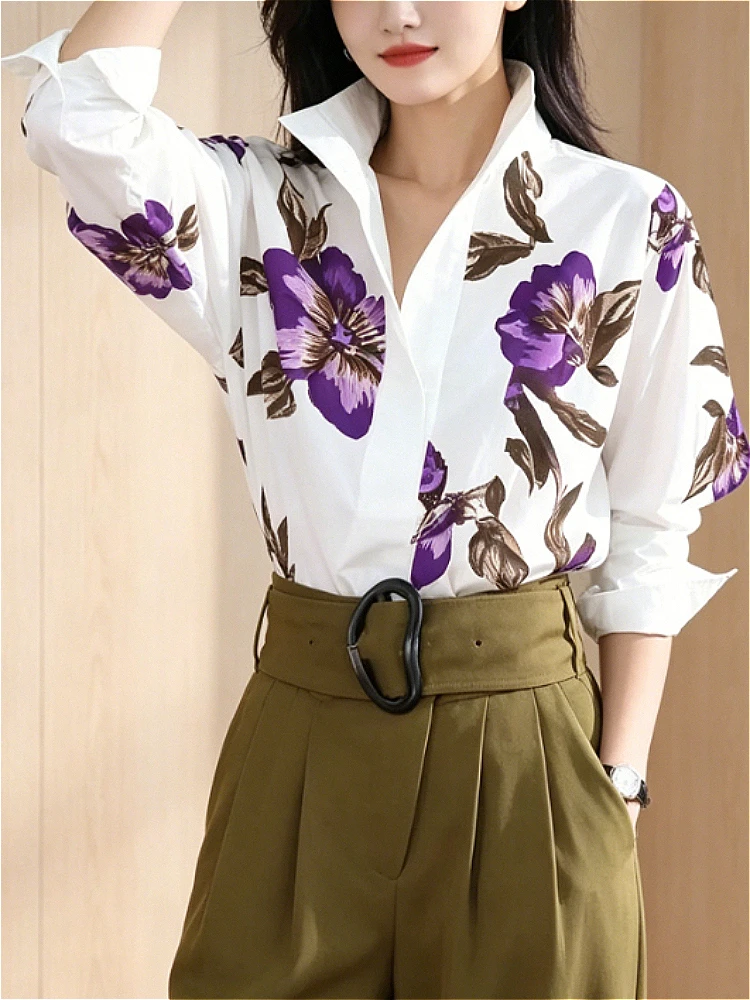 Modigirl 2025 Summer Spring Casual White Shirts for Women Long Sleeves Urban Elegant Stand Collar Woman Flower Print Blouse Tops
