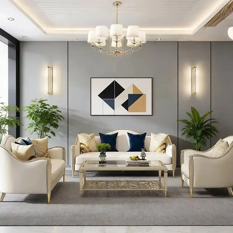 American light luxury Meike-style genuine leather sofa living room combo French uniquely shaped villa high-end solid wood furnit