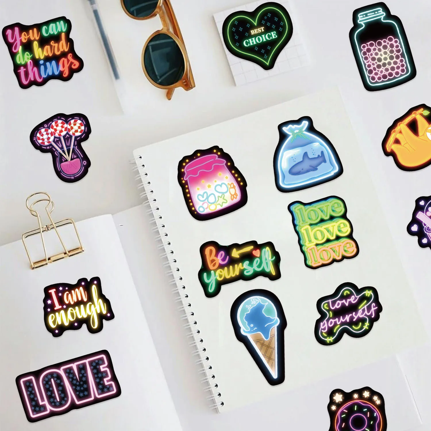 

50PCS Neon Lights Style Cartoon Thing Waterproof Stickers Decoration Notebook Mobile Guitar Suitcase Water Cup Suitcase Graffiti