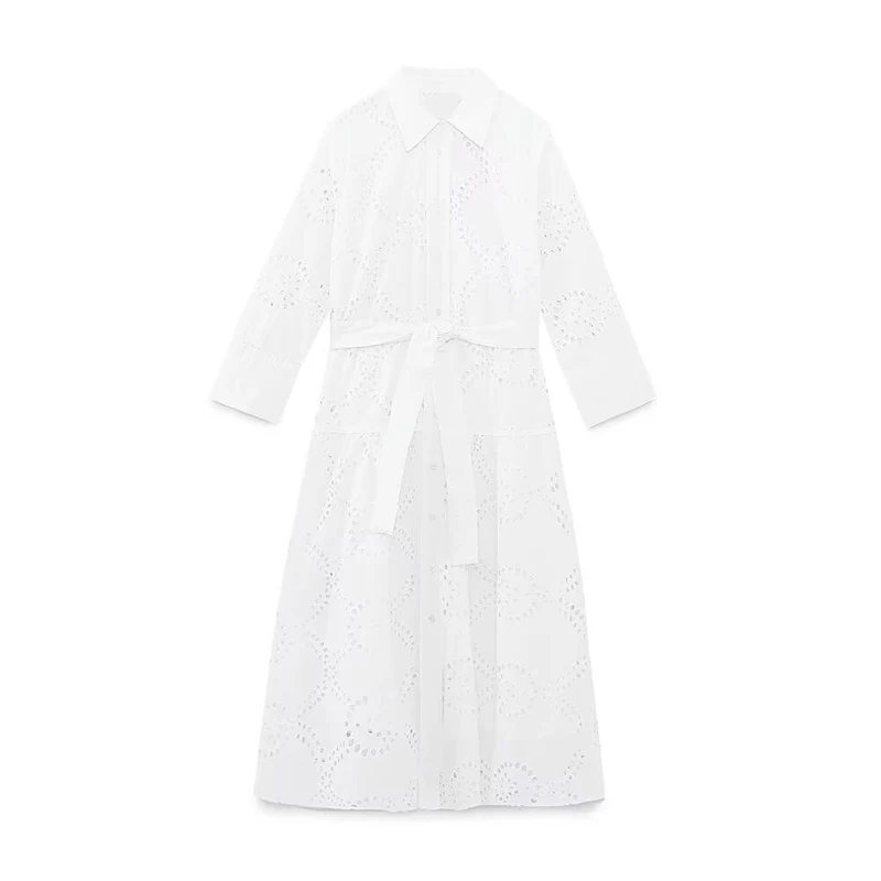 SIYANG 2024 New White Embroidery Midi Dress Long Sleeve Shirt Dress Regular Fit Fashion Women's Dress Mujer Chic Vestidos