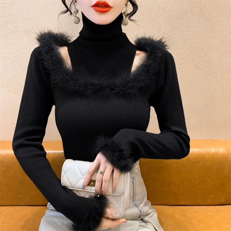 Hollow Out Splicing Fur Autumn and Winter High Neck 2023 Slim Fit Long Sleeved Base New Winter Pure Desire Internet Famous Top