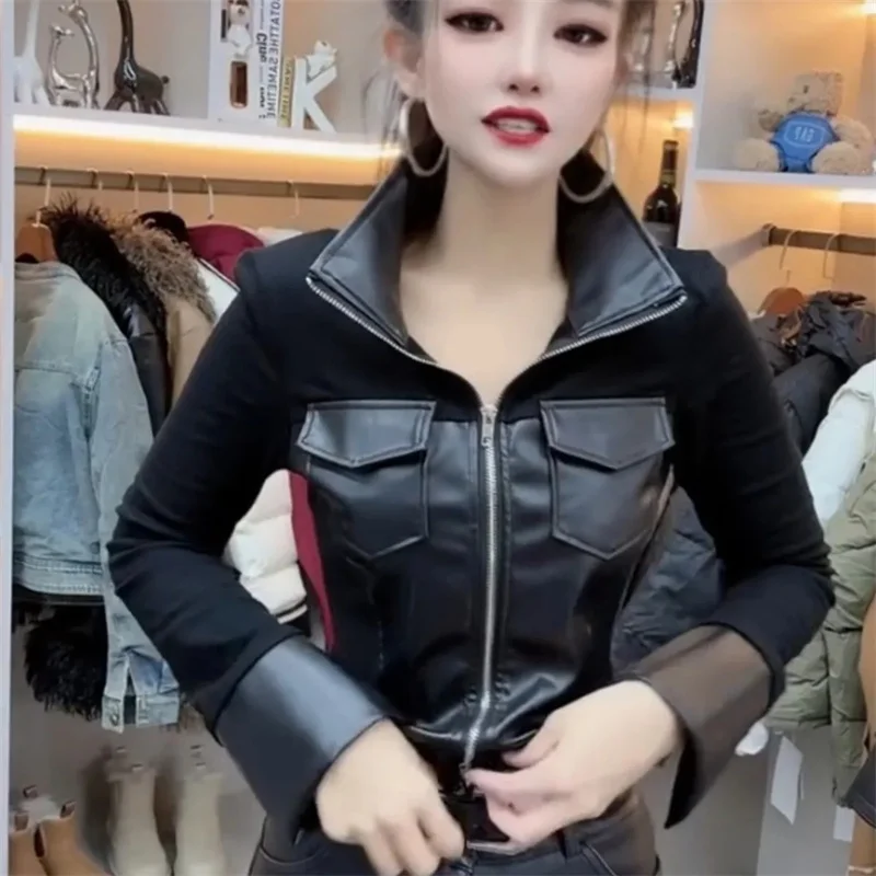 Chaqueta de cuero fina de diseño a la moda, chaquetas de cuero para mujer, abrigo corto de motocicleta con bolsillo y empalme de cuero, primavera y otoño