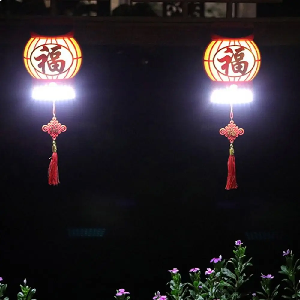 Glowing Solar Fu Character Wall Lamp Hanging Red Chinese Fuzi Lamp Traditional Handmade New Year Decorative Light Wall