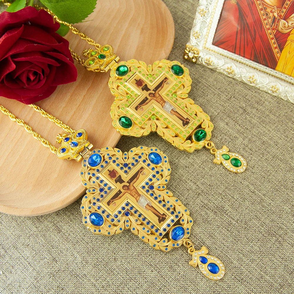 Orthodox Jesus Christ Crucifix Gold Silver Plated Metal Alloy Pendant Necklace Priest Pectoral Necklace Orthodox Cross Box Gift
