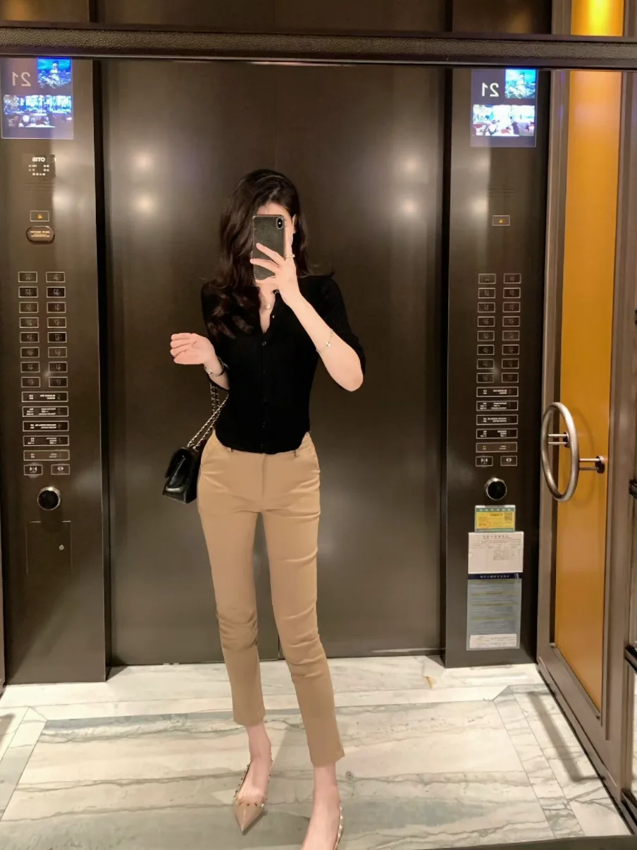 Slim Fit Korean Style Summer New Straight Leg Pants Cover up Meat Long Leg Effect Nine Points Casual Trousers for Women