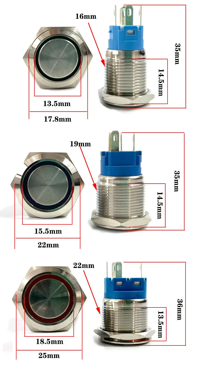 12/16/19/22mm Waterproof Metal Push Button Switch LED Light Momentary Latching Car Engine Power Switch 5V 12V 24V 220V Red Blue