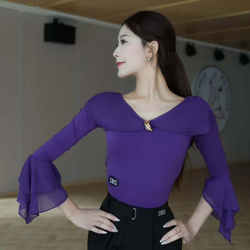 เสื้อเต้นลาตินสีดำ 3 สี สำหรับผู้หญิง ชุดฝึกซ้อมแทงโก้ บัลเลต์ คอวี แขนบาน ชุดรัดรูปสำหรับเต้นรำ ชุดฝึกซ้อมสำหรับผู้ใหญ่ รุ่น 2365