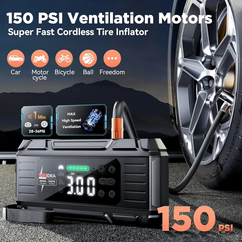 بطارية السيارة المحمولة الانتقال كاتب 4000A مع ضاغط الهواء 150PSI منفاخ لإطارات السيارة حزمة الطاقة لأدوات RV للسيارات