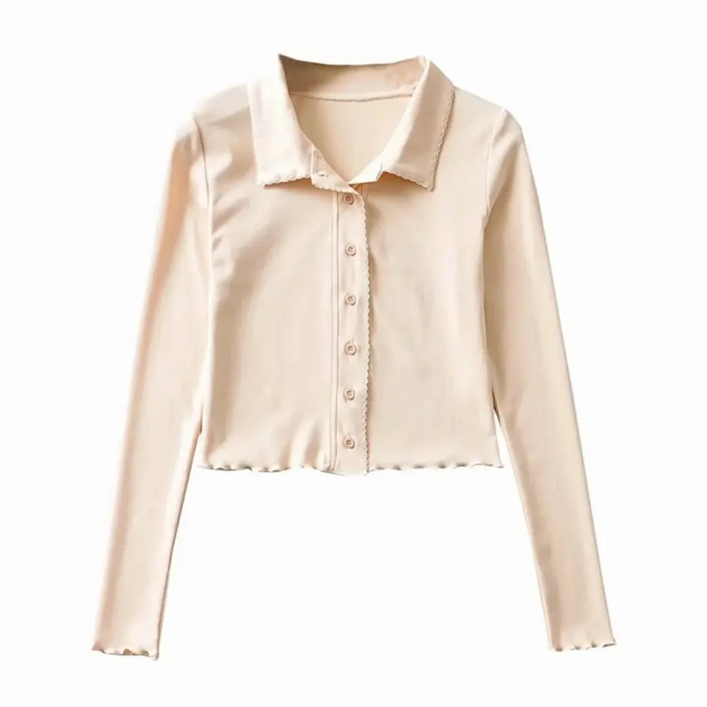 

Женский облегающий однотонный кардиган, футболка с длинными рукавами и волнистыми краями с лацканами в стиле ретро, верхняя одежда в американском стиле, топ