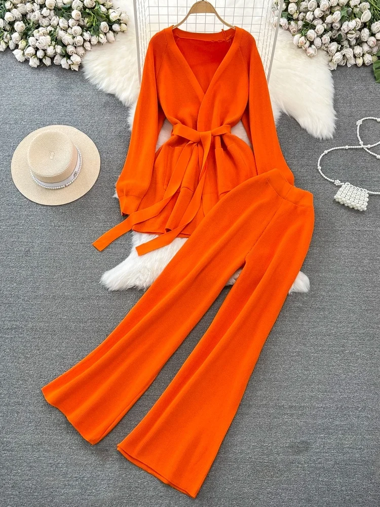 Fashionable Korean Style Long Sleeve V-Neck Waist-Cinched Belted Mid-Length Knitted Top And High Waist Wide Leg Pants Set for...