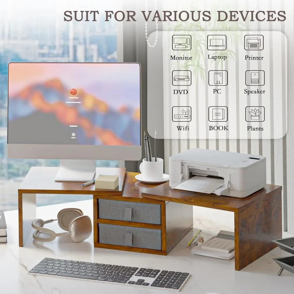 Stand Riser with 2 Drawers - Length and Angle Adjustable 3 Shelf Monitor Riser with Storage Desk Organizer Large Monitor Stand