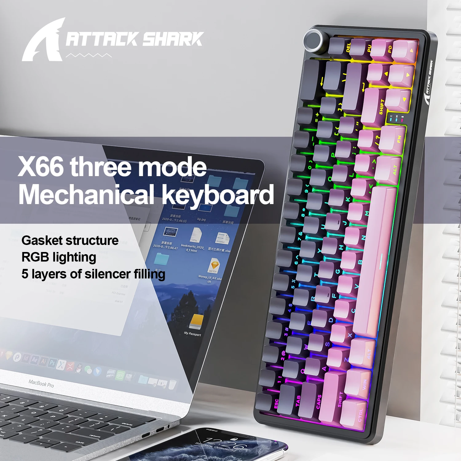 Attack Shark X66 Mechanical Gamer Gaming Keyboard Three-mode RGB Programmable Custom Mechanical Keyboard