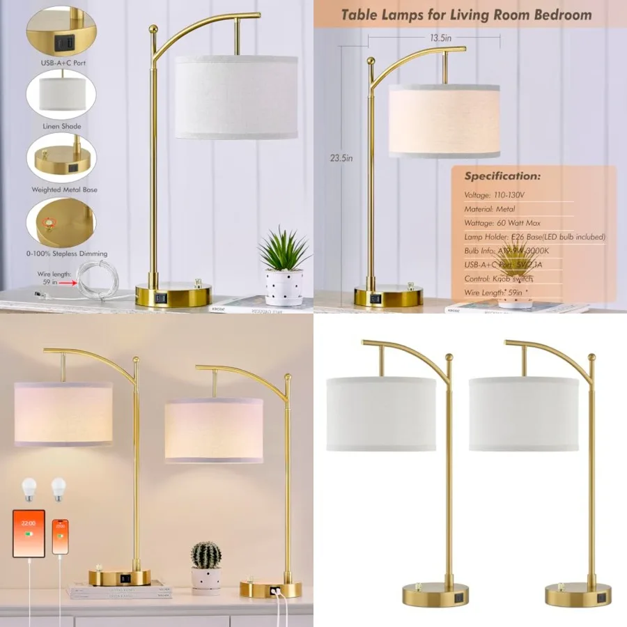 

Table Lamp for Living Room Bedroom, 23.5" Table Lamps Set of 2 with USB C+A Ports, Bedside Lamps for Nightstand with Linen Lamp
