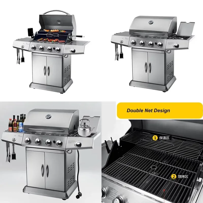 Large Outdoor Dual Fuel BBQ Grill Gas and Charcoal 4 Burner Barbecue Safe Durable Cooking Station for Patio Camping