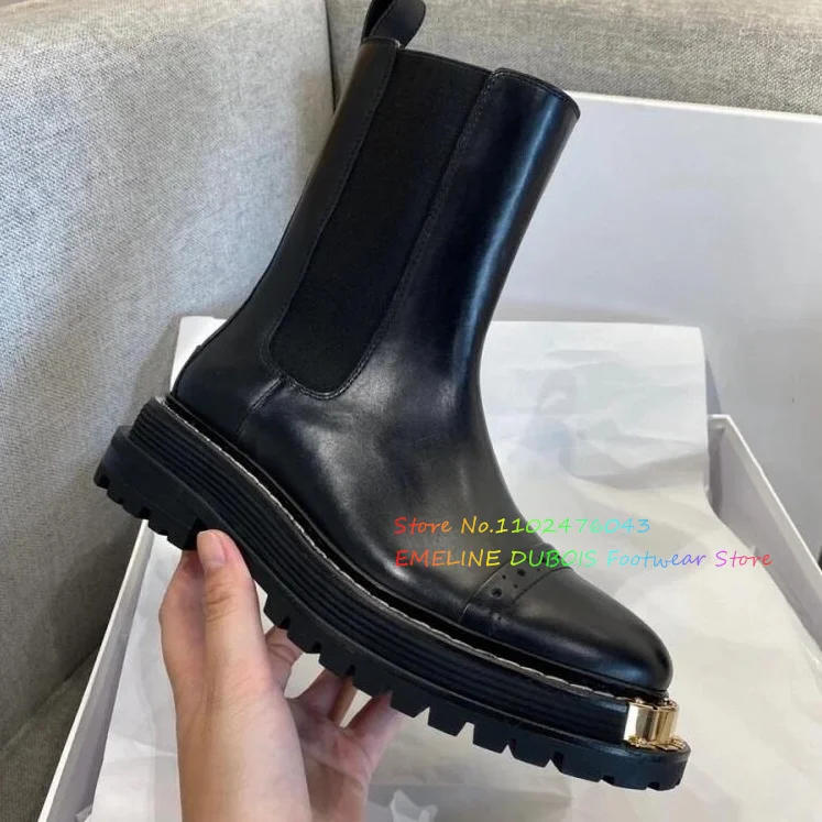 2023 Nieuwe Herfst Design Zwarte Enkellaars Fashion Metal Ronde Neus Dames Casual Chelsea Laarzen Schoenen Zachte Leren Korte Laarzen Vrouwen