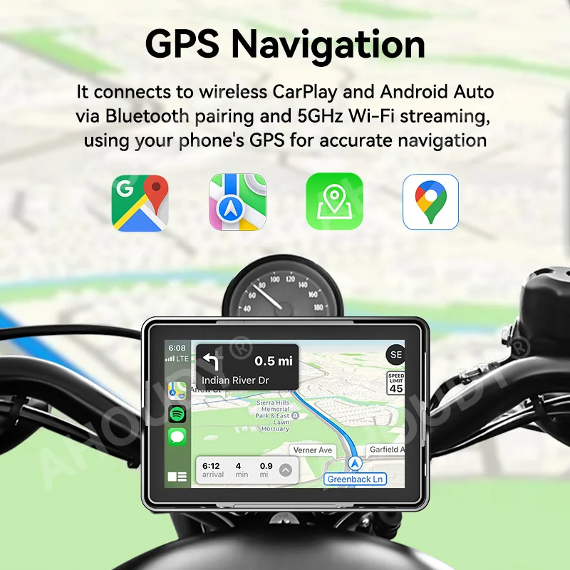 AHOUDY 5'' Motorcycle Navigation Portable Screen Wireless Carplay Android Auto IP67 Bluetooth 5G WIFI Moudle