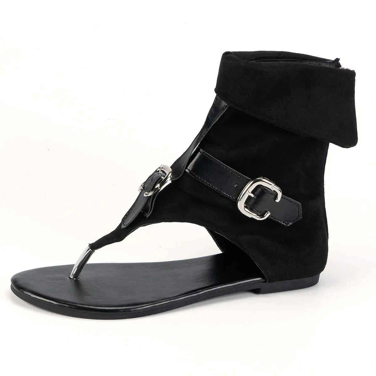 

Summer Clip Toe Roman Sandals Denim Belt Buckle Large Size High Top Flat Boots Women Sandals Back Zipper and Buckle Strap Design