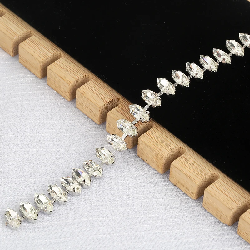 PEESOM 4x8/5x10mm Horse Eye Crystal Rhinestone Trim Chain Sliver Glass Rhinestone Applique Chain Diy Sew On Trim Wedding Dress