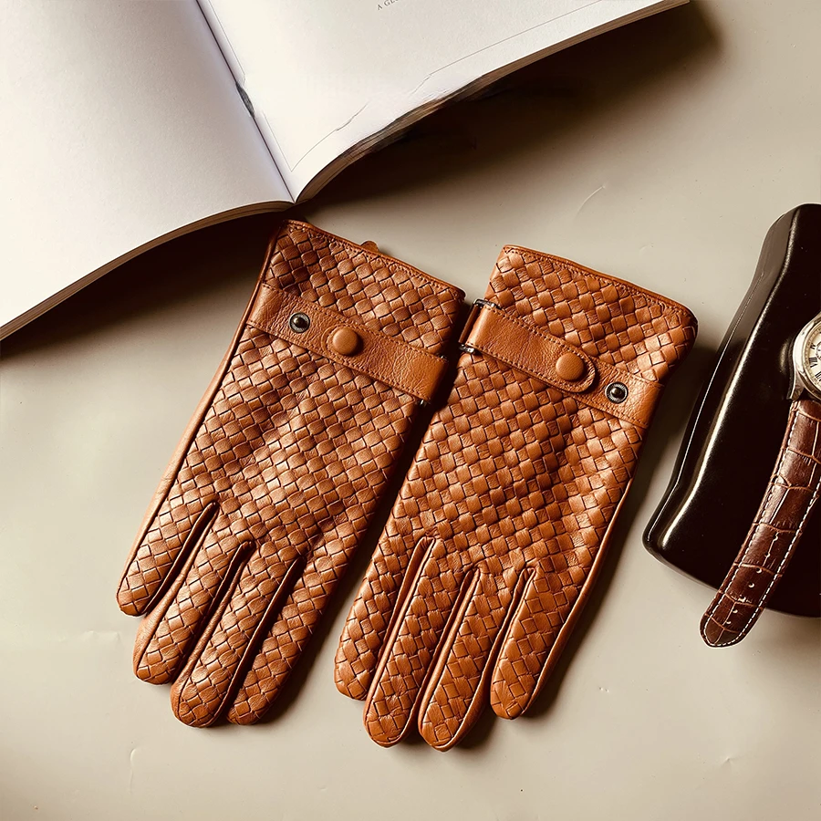 Vintage Leather Woven Genuine Leather Gloves First Layer Sheepskin Men Winter Thin Fashion Real Leather Driving Gloves