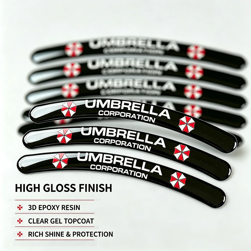 8Pcs Set Umbrella 3D Epoxy Gel Wheel Rim Stickers Resident Evil Logo Motorcycle Wheel Hub Decals Waterproof Anti Scratch
