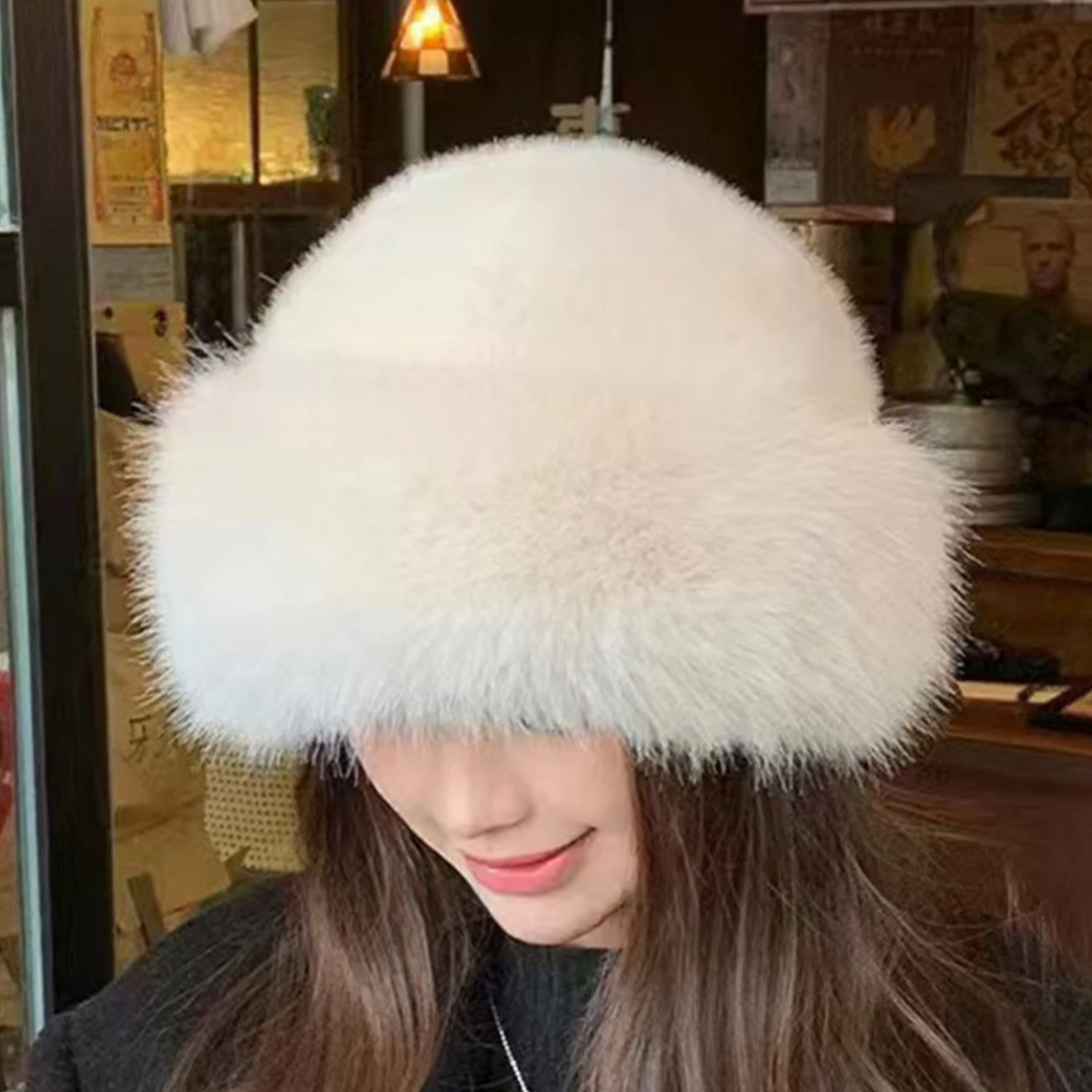 

1Pc New Fashion Faux Fur Bucket Hat For Women Girls Mongolian Hat Plush Winter Wrap Hat Fuzzy Fluffy Bucket Hat Panama Cap