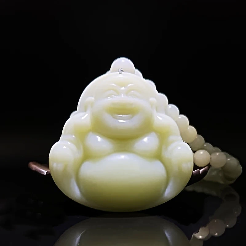 

Натуральный нефритовый кулон «Будда с большим животом» с бусинной цепочкой, ручная резьба, нефритовое ожерелье «Смеющийся Будда» для взрослых