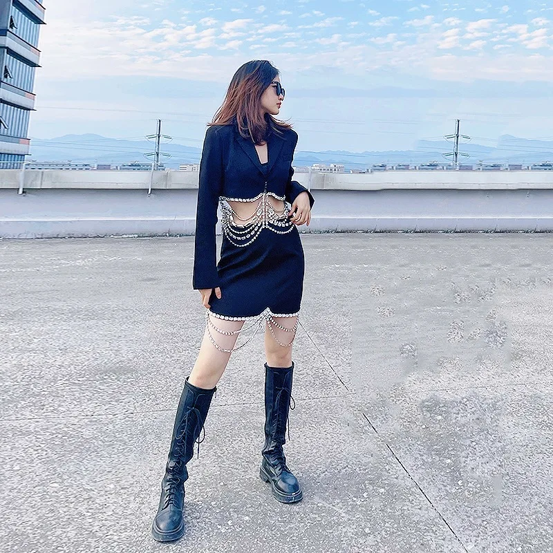 

Street Spring Autumn Casual Two Piece Set Women Rhinestone Chain Blazer Jacket+Hip Hugging Slim Fit Short Half Body Skirt Outfit