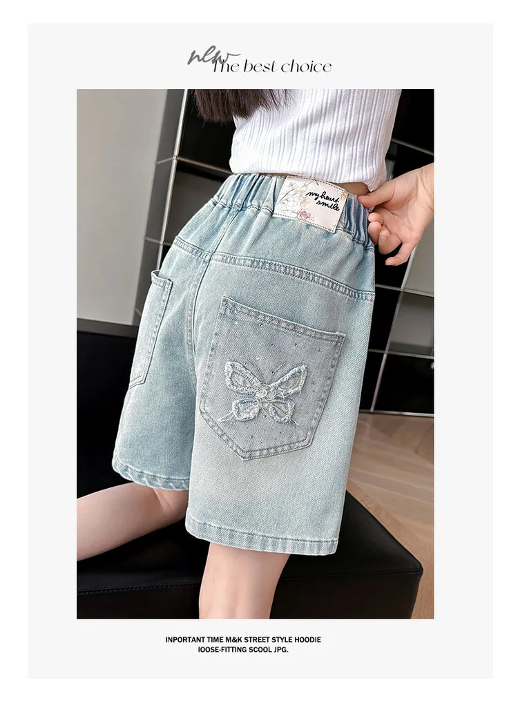 2026 Sommer Mädchen-Jeansshorts mit Schmetterlingsstickerei, Teenager-Shorts mit Elastischem Hohem Bund, Weite Beine, Lässige Streetwear für Kinder – Detail 11