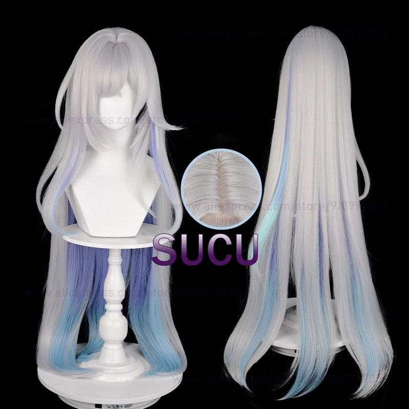 

Skirk Cosplay Wig 105cm Long Silver White with Blue Gradient Heat Resistant Synthetic Hair Anime Wigs + Wig Cap