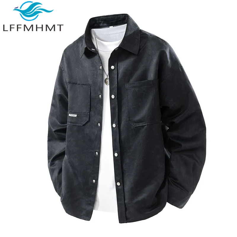 Spring Autumn Lapel Work Jacket Men American Style Oversized Lightweight Overshirt with Multi-Pockets Long Sleeve Coats